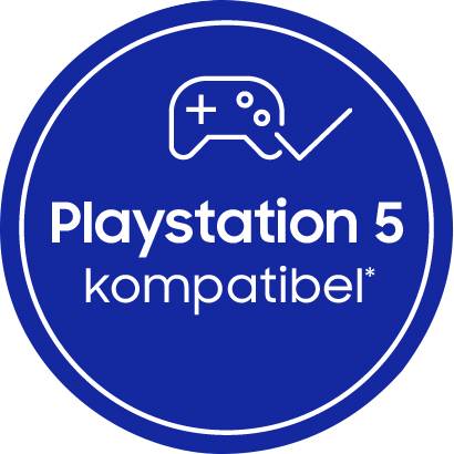 'Playstation 5 kompatibel': Blaues Logo mit Gamecontroller-Symbol und Häkchen.