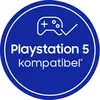 'Playstation 5 kompatibel': Blaues Logo mit Gamecontroller-Symbol und Häkchen.