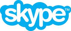 Blaues Skype-Logo mit weißem Schriftzug 'skype' auf einer wolkenartigen Form.