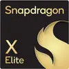 'Logo des Snapdragon X Elite mit stilisiertem goldenen Feuersymbol auf schwarzem Hintergrund.'