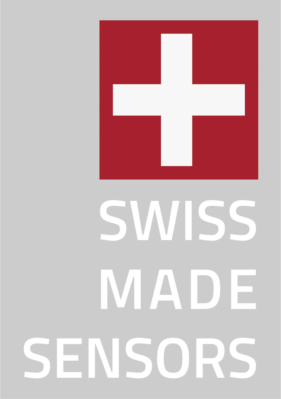 'Swiss Made Sensors' Text unter einem roten Quadrat mit weißem Kreuz, symbolisiert Qualität aus der Schweiz.