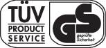 'GS Geprüfte Sicherheit' und 'TÜV Product Service'-Logo. Zertifizierung für geprüfte Produktsicherheit.