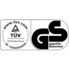 Logo mit TÜV Rheinland- und GS-Zeichen. Links: TÜV-Logo mit Dreieck, Text 'TÜV Rheinland Group', ID: 1000000000. Rechts: GS-Logo mit 'geprüfte Sicherheit'.