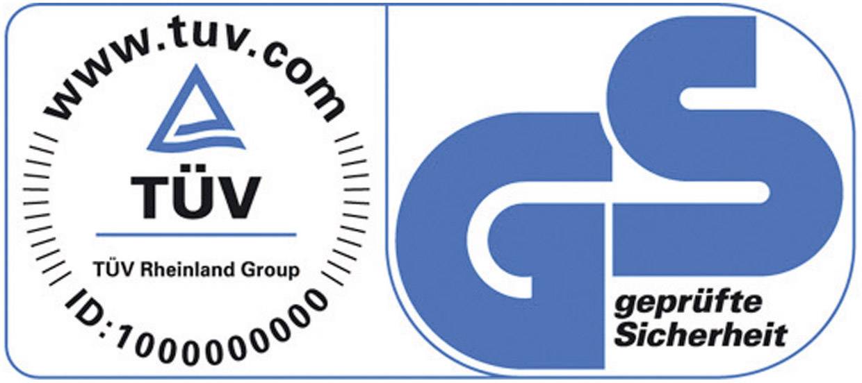 TÜV Rheinland und GS Logos mit 'geprüfte Sicherheit' und einer ID-Nummer. Indizieren Qualitäts- und Sicherheitsprüfungen eines Produkts.