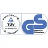 TÜV Rheinland und GS Logos mit 'geprüfte Sicherheit' und einer ID-Nummer. Indizieren Qualitäts- und Sicherheitsprüfungen eines Produkts.