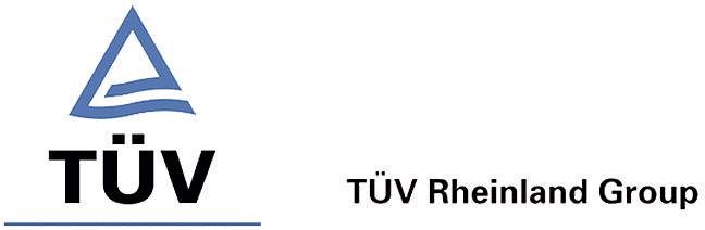 Logo der TÜV Rheinland Group mit stilisiertem Dreieck und Schriftzug 'TÜV Rheinland'. Links das dreieckige Logo, rechts der Text.