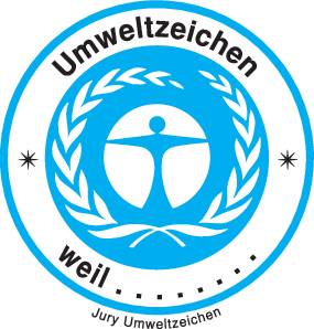 Das Bild zeigt ein rundes türkises Umweltzeichen mit einer stilisierten Figur und Blättern, umgeben von den Worten 'Umweltzeichen' und 'weil'.