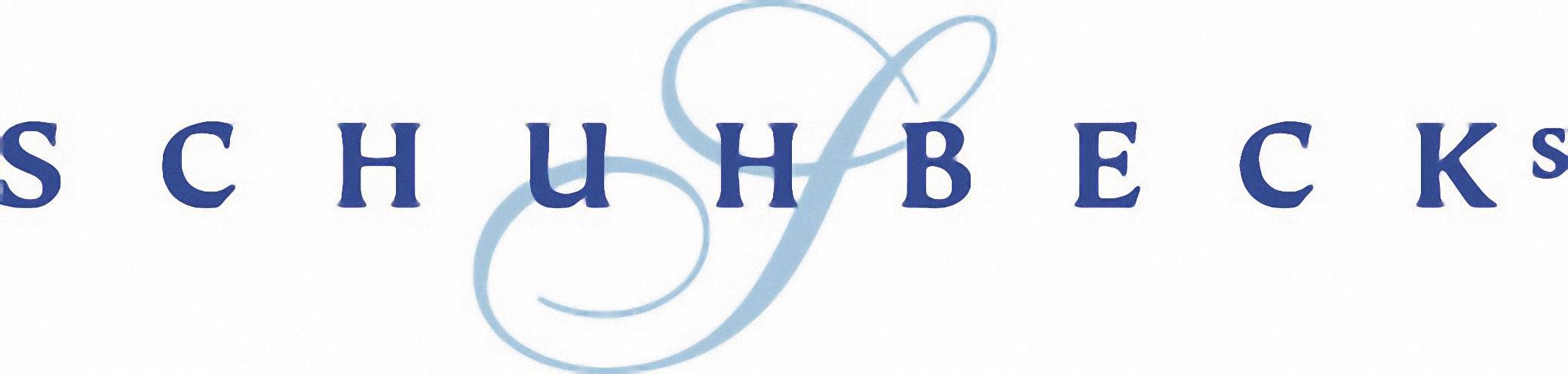Logo mit dem Schriftzug 'Schuhbecks' in blauer Schrift. Ein stilisiertes, geschwungenes 'S' im Hintergrund verbindet die Buchstaben.