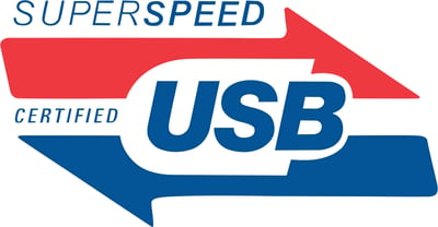 Das Bild zeigt das typische rot/blaue USB-Superspeed-Logo. Neben dem Schriftzug CERTIFIED USB ist noch SUPER-SPEED.