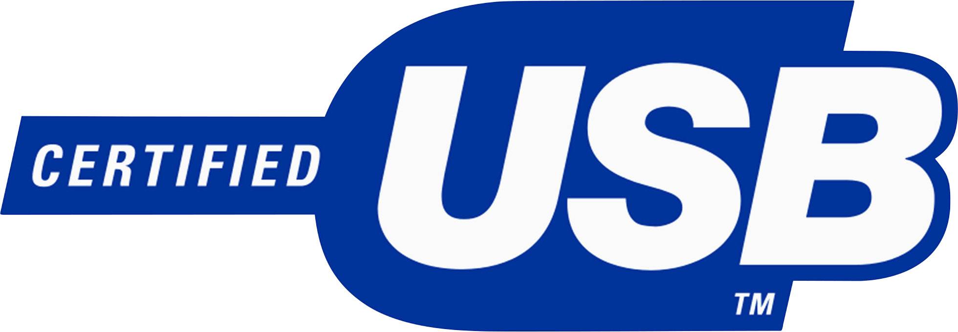 'Zertifiziertes USB-Logo' zeigt weißen Text auf blauem Hintergrund mit dem Wort 'CERTIFIED' und dem USB-Symbol.