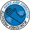 Logo mit blauer Hand, die Vibrationen darstellt, umgeben von den Worten 'HAND-ARM VIBRATION MONITORED PRODUCTS'.