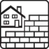 Piktogramm eines Hauses neben einer Ziegelmauer; Symbolisiert Architektur oder Bauarbeiten.