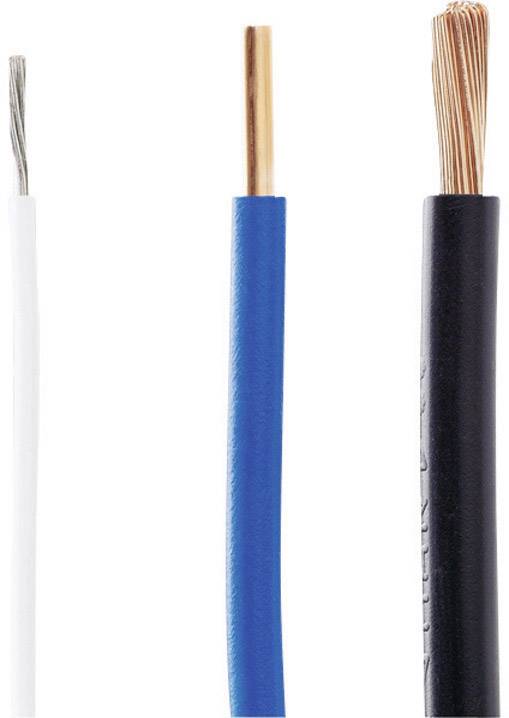 Drei Kabel: links ein weiß isoliertes, mittig ein blau isoliertes mit Kupferspitze, rechts ein schwarzes mit Kupferdrähten an der Spitze.