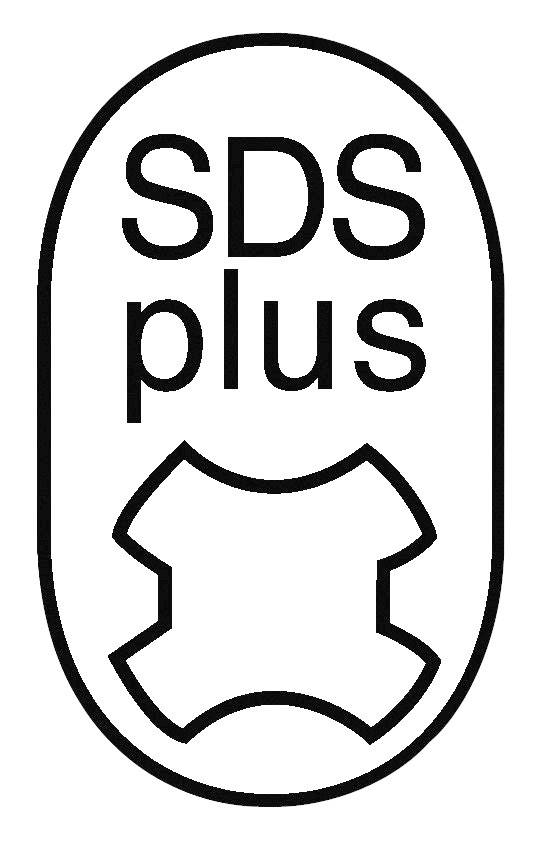 Ein ovales Symbol mit der Aufschrift 'SDS plus' und einer stilisierten, kreuzförmigen Öffnung darunter, repräsentiert ein Bohrsystem.