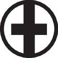 Ein schwarzes Kreuz ist von einem Kreis umgeben, alles auf weißem Hintergrund.