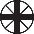 'Sonnenrad-Symbol' in Schwarz-Weiß-Design, bestehend aus einem Kreis mit gekreuzten Linien.