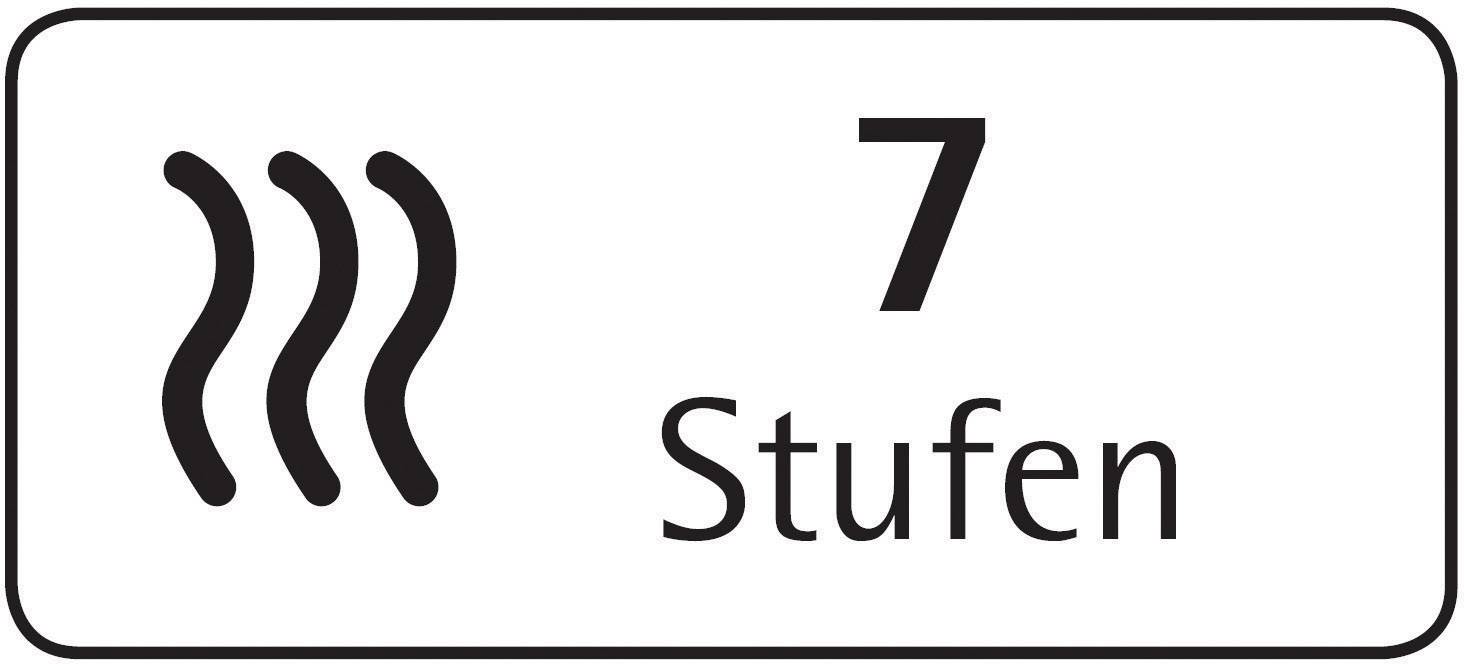 Symbol für '7 Stufen' mit drei gewellten Linien links und der Zahl 7 darüber. Zeichen für Heizstufenregelung.