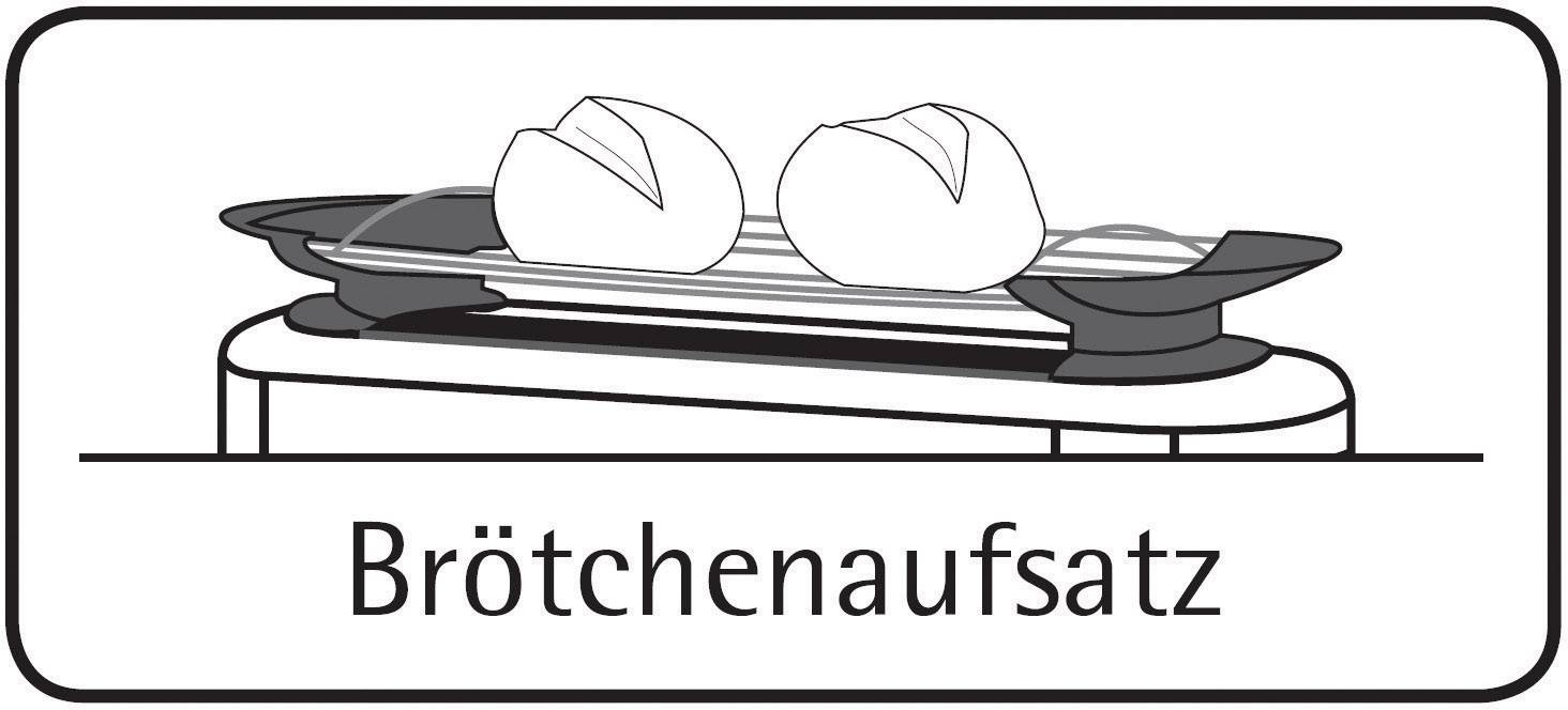 Brötchenaufsatz auf einem Toaster, zeigt zwei Brötchen auf einem Gitter zum Aufwärmen.