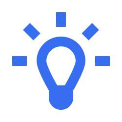 Blaues Glühbirnen-Symbol mit kleinen Funken auf hellem Hintergrund.