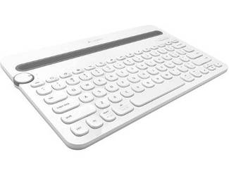 Weiße, kabellose Bluetooth Tastatur mit Docking-Rille. Kompakte Tablet-Tastatur für mobiles Arbeiten.