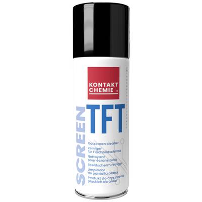 Spray can for TFT screen cleaner with red Contact Chemie logo on top. 'Flatscreen cleaner' and other languages on the front.