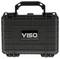A black, hard plastic carrying case with a handle, featuring a 'VISO' label on the front.