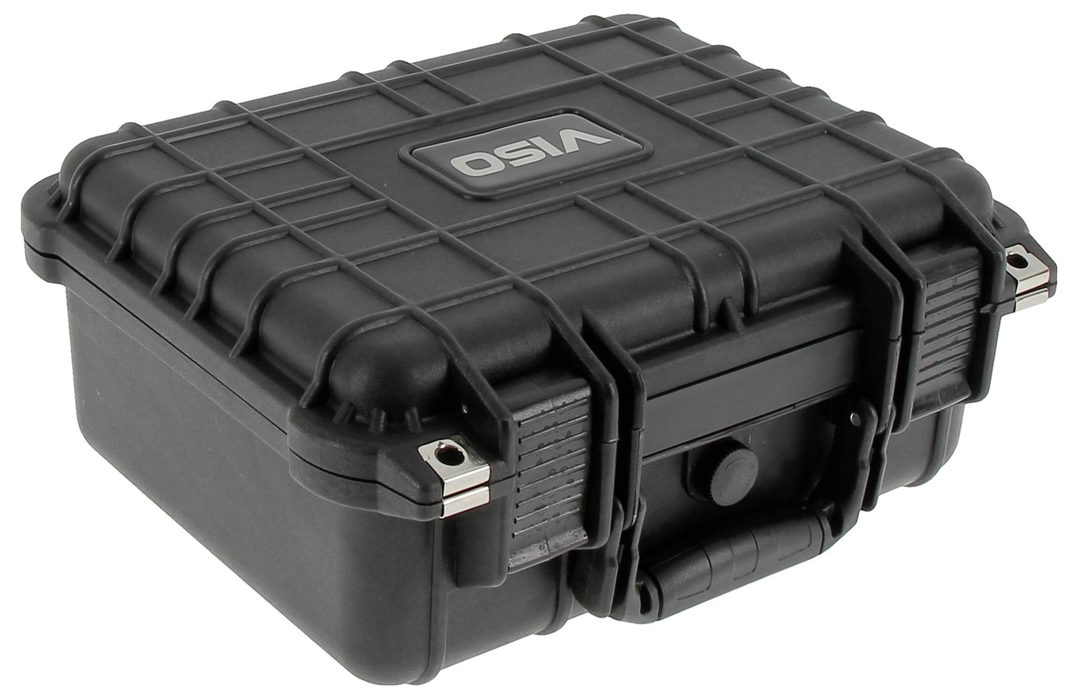 A black, rugged protective case with the word 'VISO' on top, showing sturdy latches and a handle for secure carrying and storage.