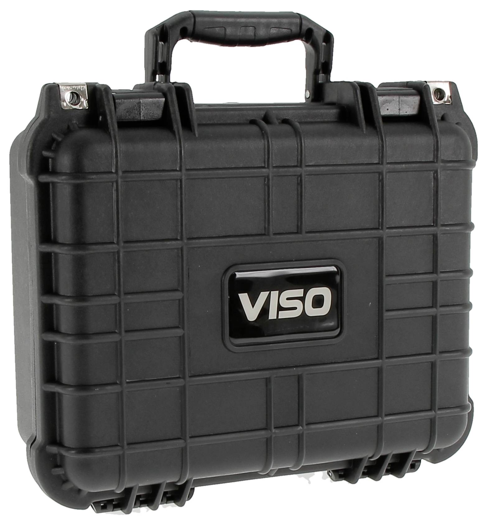 'A black VISO hard case with a handle, featuring a rugged, protective design suitable for storing and transporting equipment securely.'
