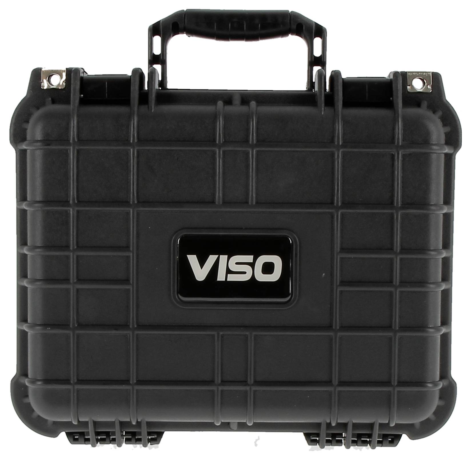 A black, hard plastic case with 'VISO' labeled on the front. It has a handle and two secure latches, designed for protection and portability.