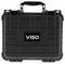 A black, hard plastic case with 'VISO' labeled on the front. It has a handle and two secure latches, designed for protection and portability.