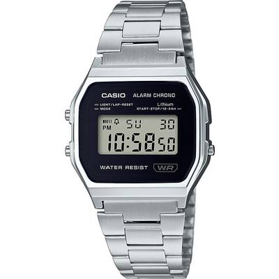 Digital wristwatch with silver metal bracelet. Display shows '10:58 AM'. Functions: alarm, stopwatch, 24-hour mode.