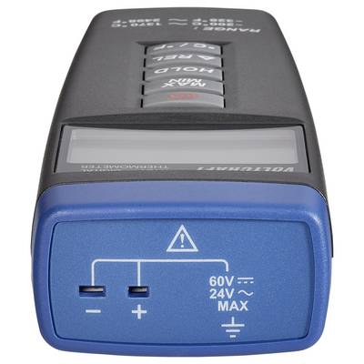 A handheld digital thermometer showing measurement ranges and connection slots on the front for different voltage inputs.