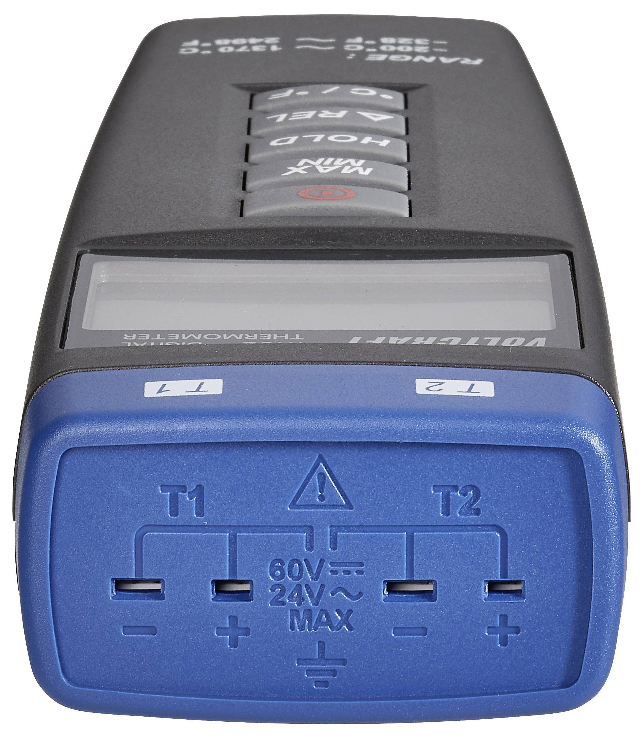 A digital voltmeter showing various input sockets marked 'T1' and 'T2' for temperature measurement, with a screen and buttons above.