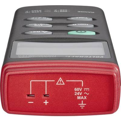 A digital voltage testing device with red and black buttons; displays warning symbols and voltage limits of 60V and 24V.