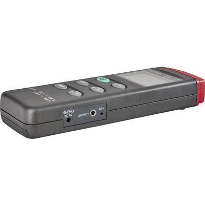 A digital measuring device with multiple buttons and a display for showing measurement values. Connections for power and calibration on the left side.