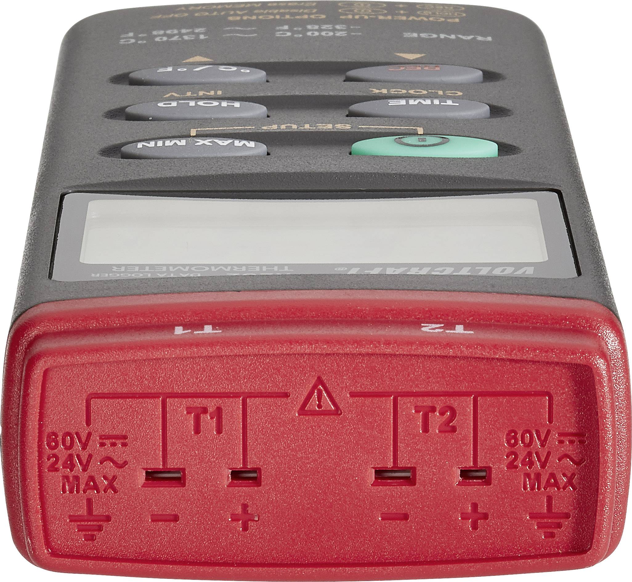 Red voltmeter with grey display; four buttons and connections for various voltage measurements.