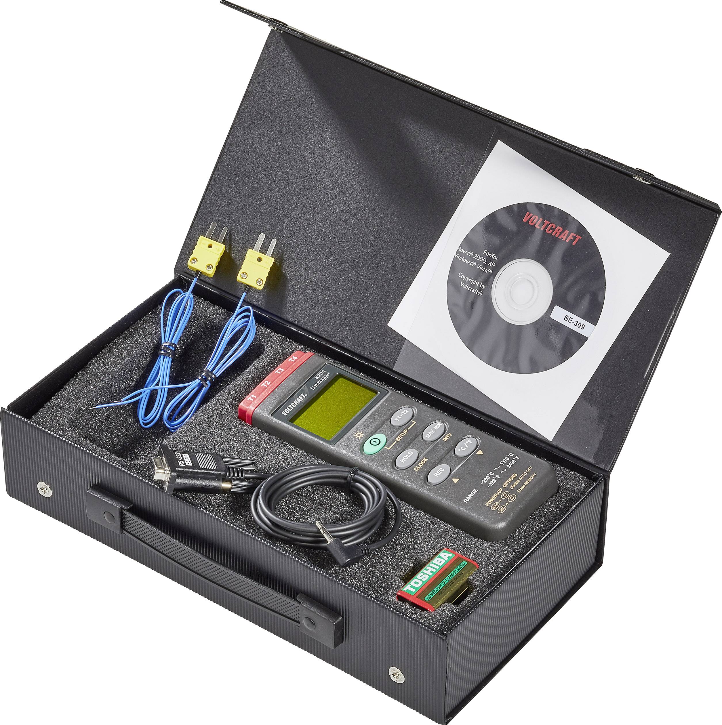 Measuring device set in an open case. Contains a digital thermometer, two probes, a USB cable, a battery and a CD.