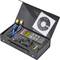 Measuring device set in an open case. Contains a digital thermometer, two probes, a USB cable, a battery and a CD.