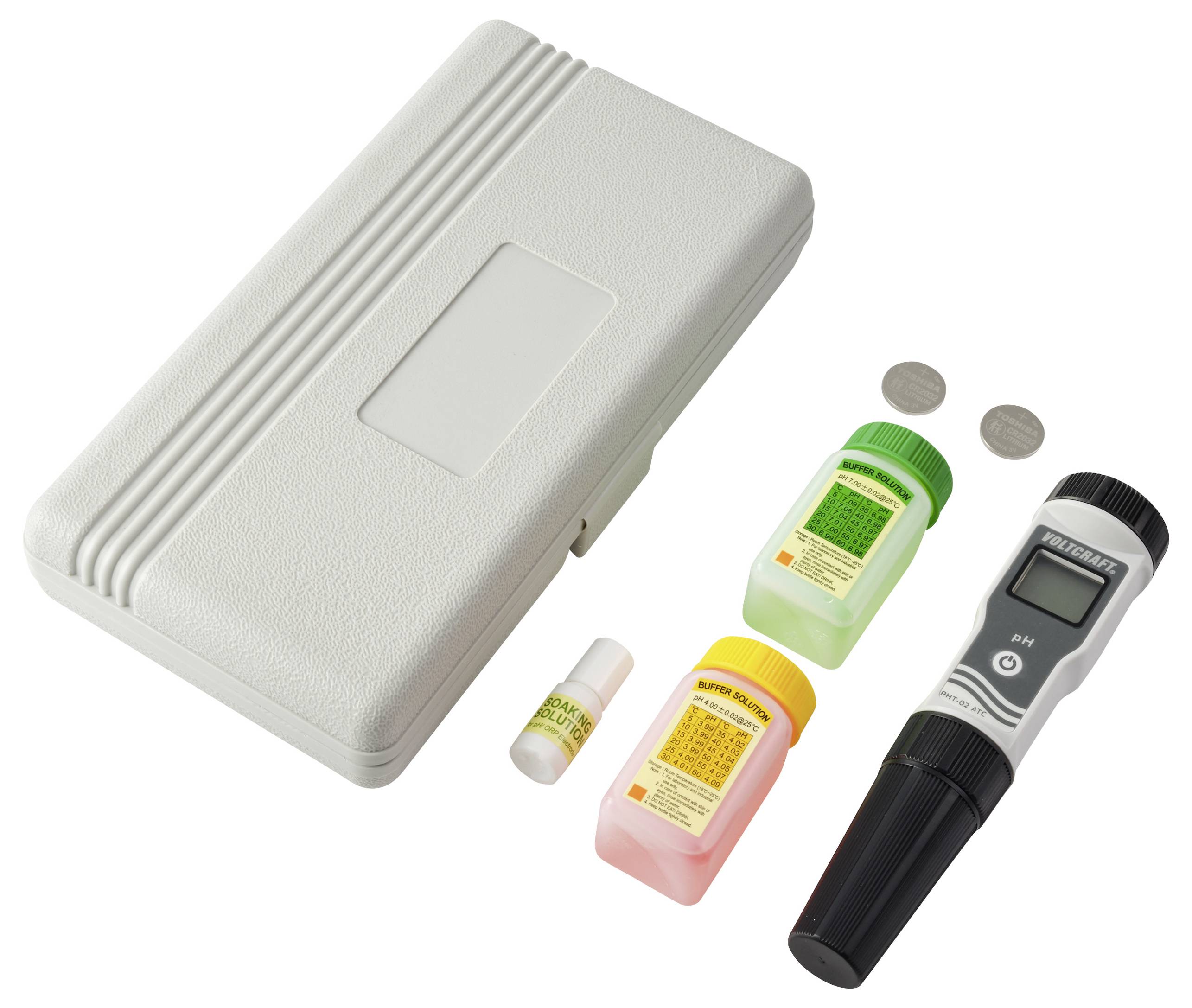 A white plastic case, a pH meter, two solution bottles with green and orange caps, and small round batteries on a white background.