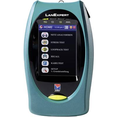 A portable network diagnostic device displaying various test options on the screen, including 'Analyse Network' and 'Cable Test'.