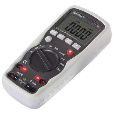 A digital multimeter with an LCD display, black and red test sockets, and several operating buttons.