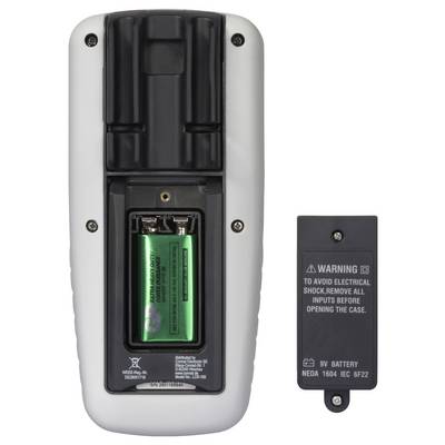 A device with an open back panel, showing a 9V battery inserted. Beside it lies the cover with a warning to remove all connections before opening.