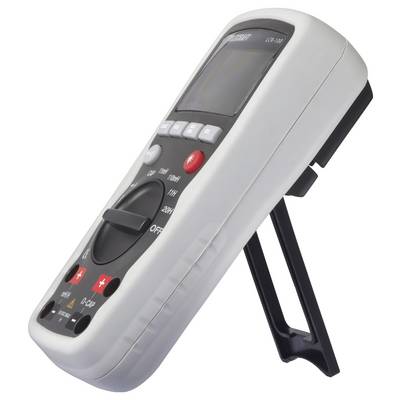A digital multimeter in side view with a white casing, black display, and red buttons on a black stand.