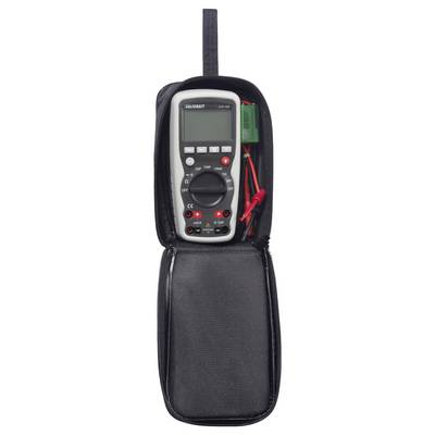A digital multimeter in an open black carry case with test leads.
