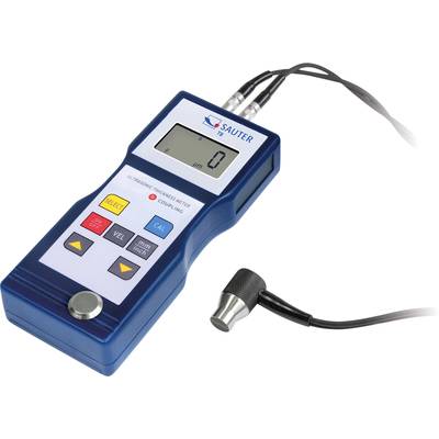 Ultrasonic thickness gauge with digital display, multiple buttons for selection, calibration and measurement. Connected sensor.