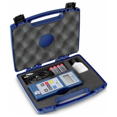Portable measuring device in an open blue case with foam lining, including batteries, cables, and accessories.