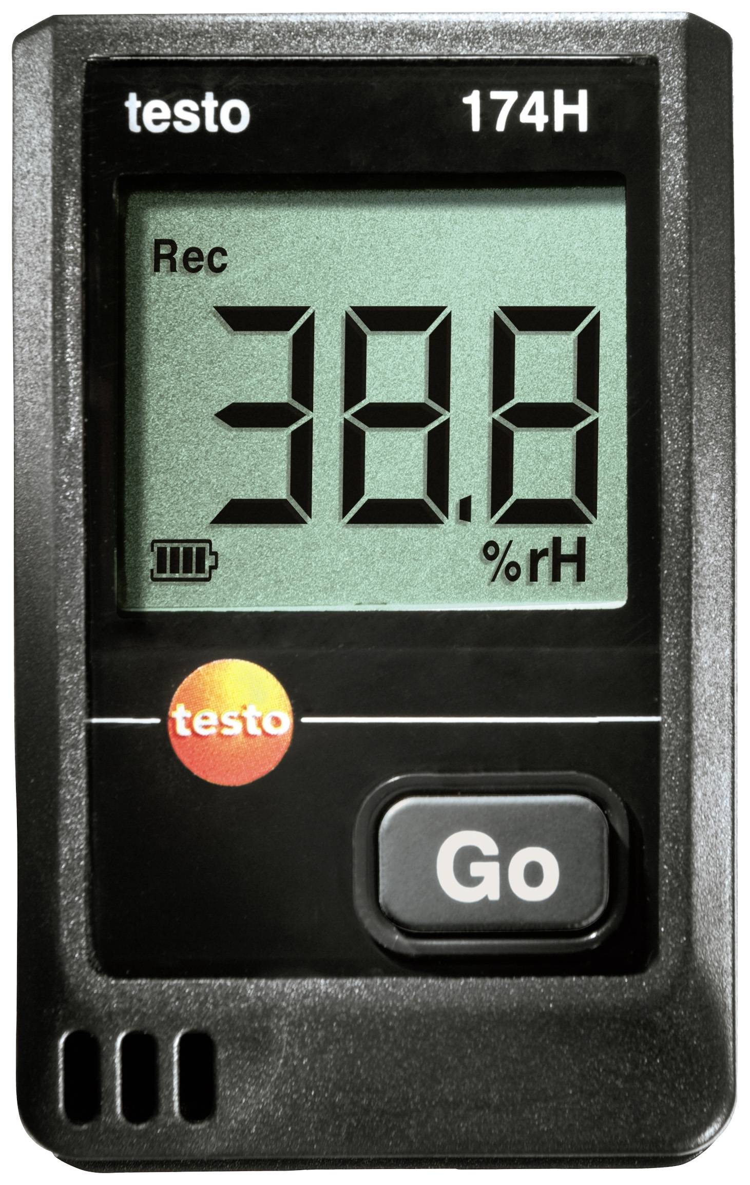 Digital measuring device displaying '38.8% rH'. Shows air humidity. Button labelled 'Go'.