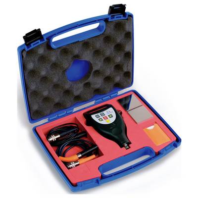 Open measurement device set in a blue case, containing device, cables, and accessories for material analysis or surface measurement.