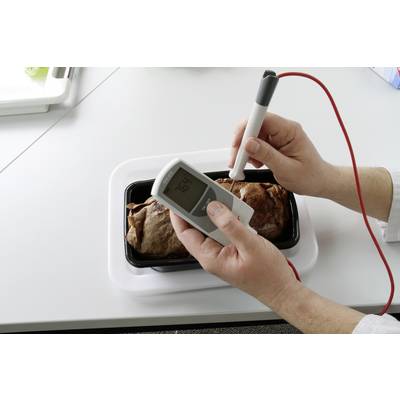 A person is measuring the core temperature of a roast in a black dish using a digital thermometer.