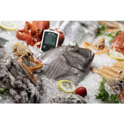 Various seafood lies on ice, including a thermometer showing a temperature of 1.0 °C.